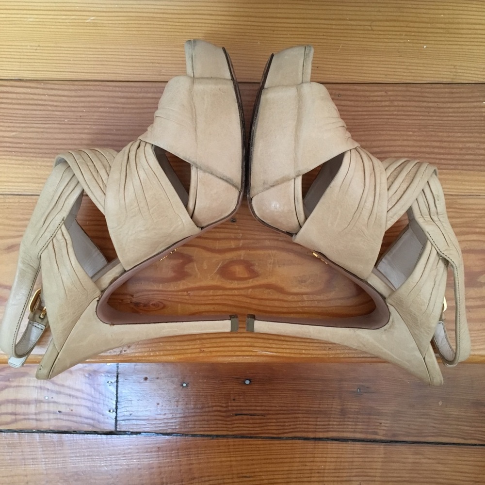 Prada Platform Heels Sandals Crisscross Ruched Slingback Nude Beige size 39.5 - Picture 6 of 16